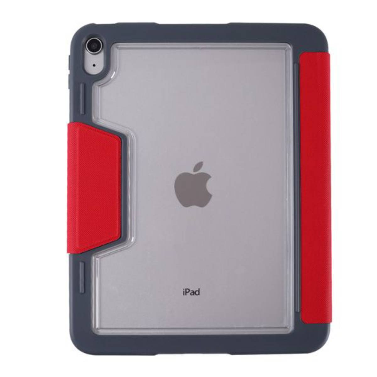 iPad con custodia rossa, aperto. Retro grigio, frontale trasparente, logo Apple visibile.