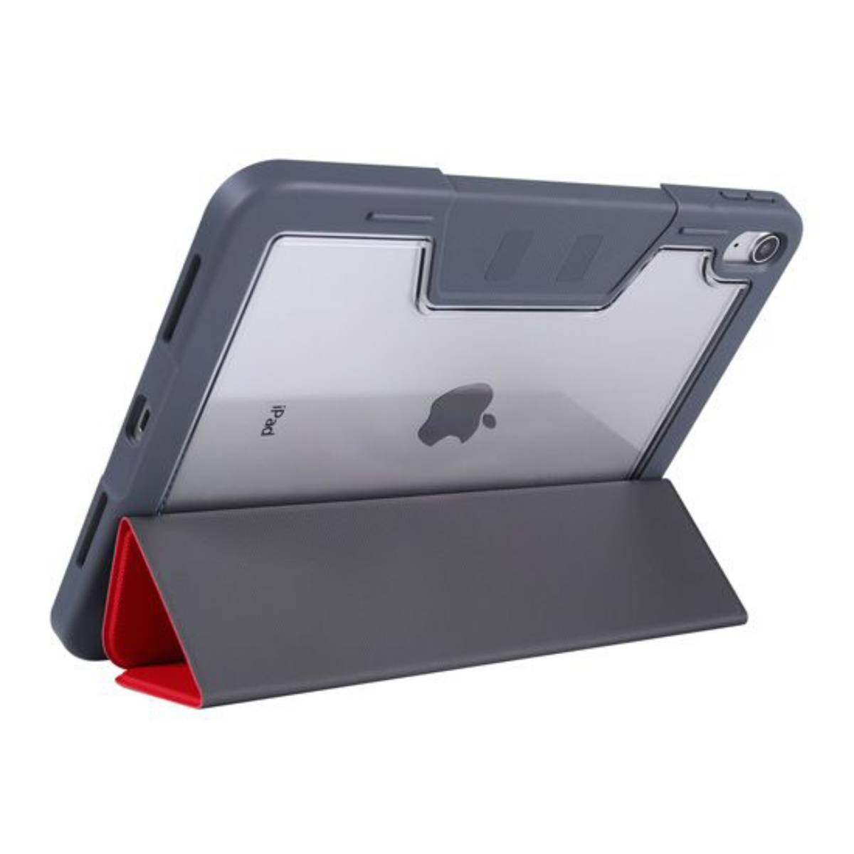 Tablet in una custodia grigia e rossa, sollevato. Il logo dell'iPad è visibile. Sfondo bianco.