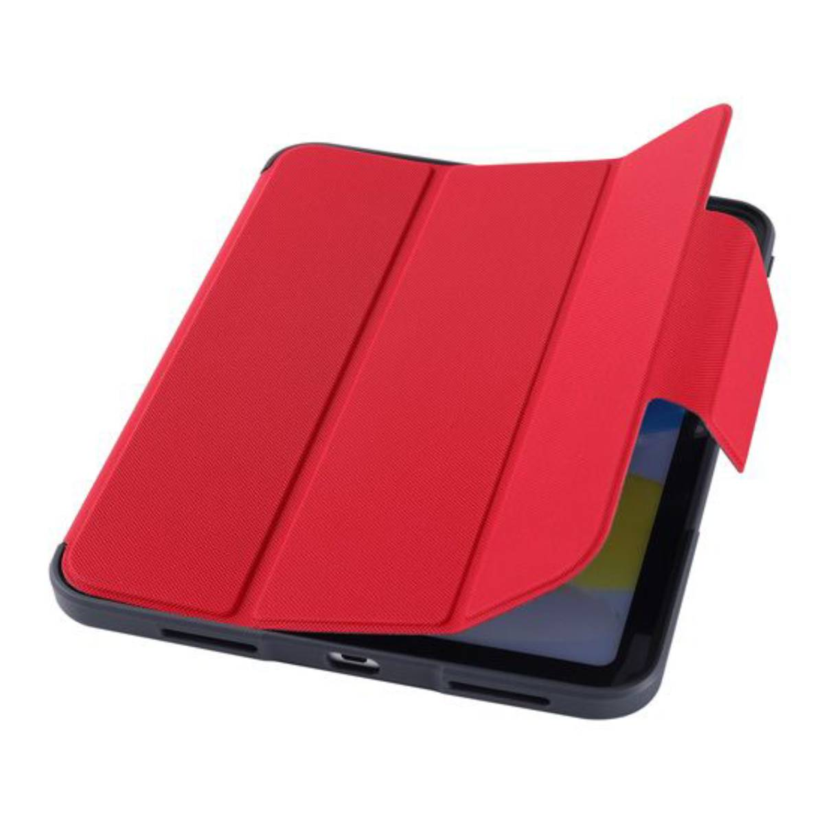 Custodia per tablet rossa aperta con un tablet all'interno. La custodia è angolata, sostenendo il tablet.