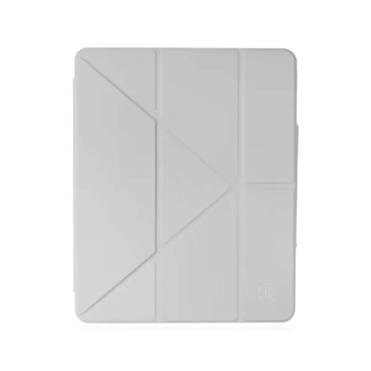 Cover tablet bianca, chiusa. Il design presenta forme geometriche sulla parte anteriore.