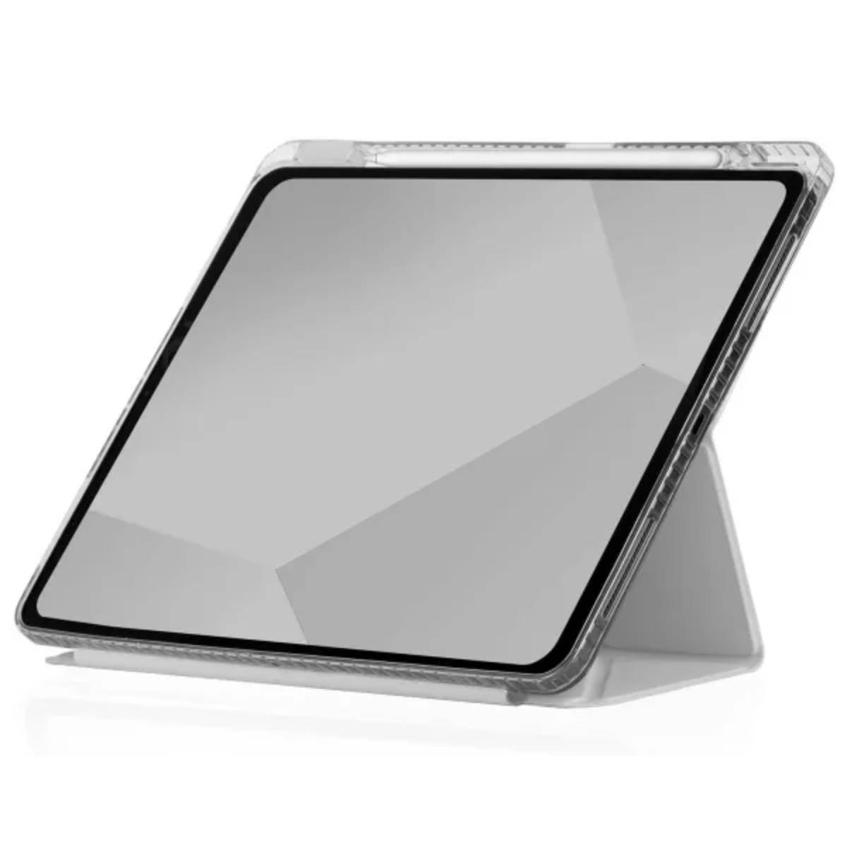 Tablet in una custodia trasparente su un supporto.