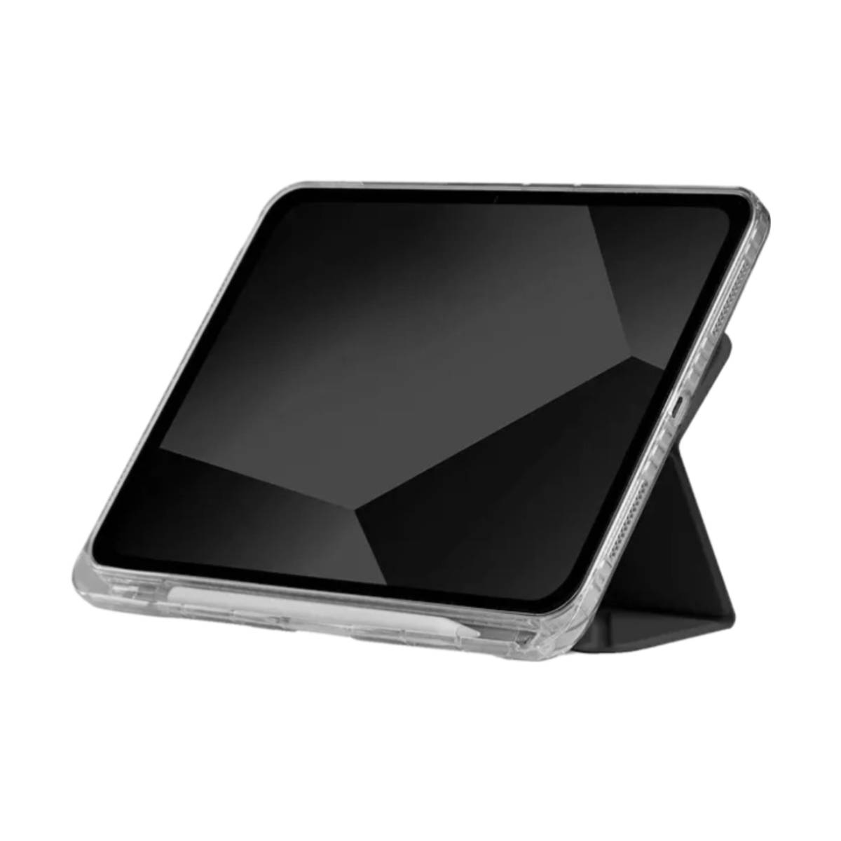 iPad in custodia trasparente, su supporto nero. Sfondo bianco.