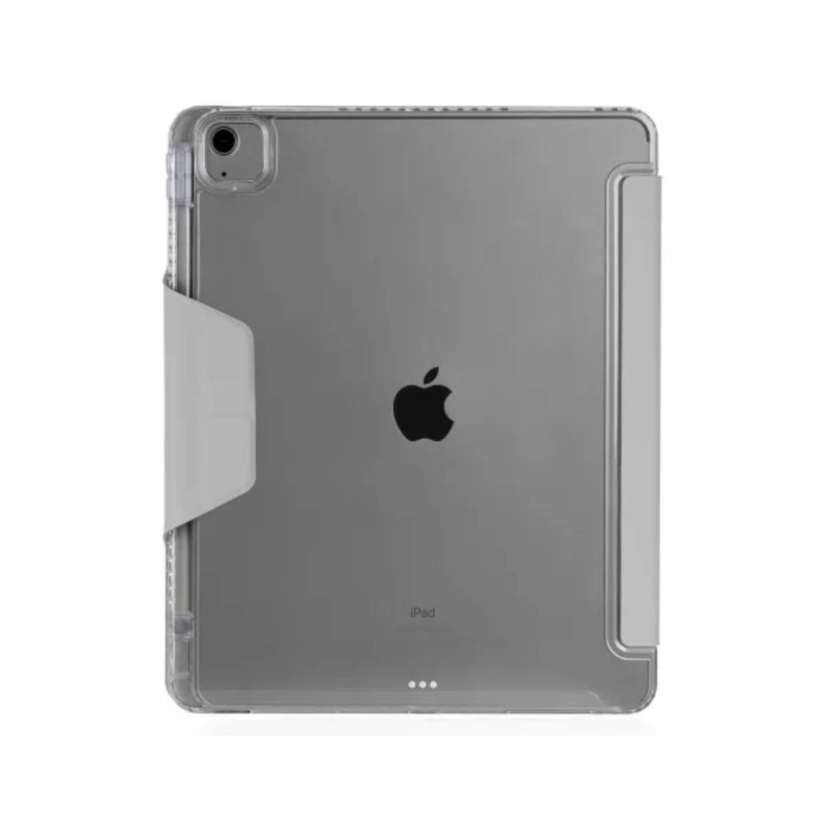 iPad in una custodia trasparente con una cover bianca attaccata. Logo Apple visibile.