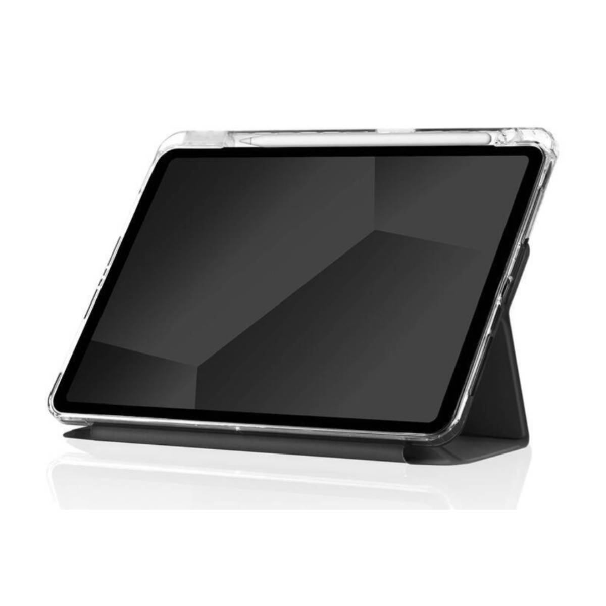 Tablet nero in custodia trasparente, appoggiato. Mostra riflesso dello schermo con sfondo scuro.