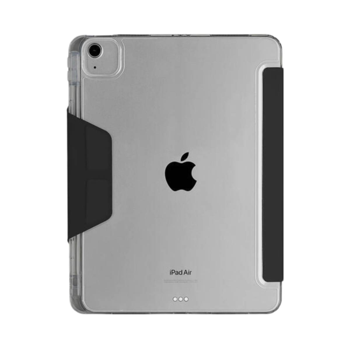 Tablet in custodia trasparente con patta nera. Logo Apple visibile. Sfondo bianco.