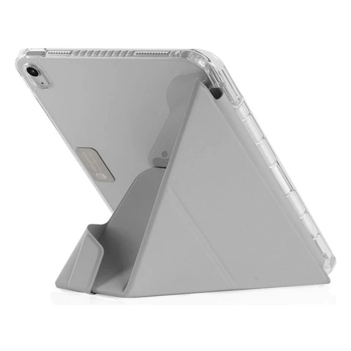 Un iPad in una custodia grigia è appoggiato su un supporto grigio.
