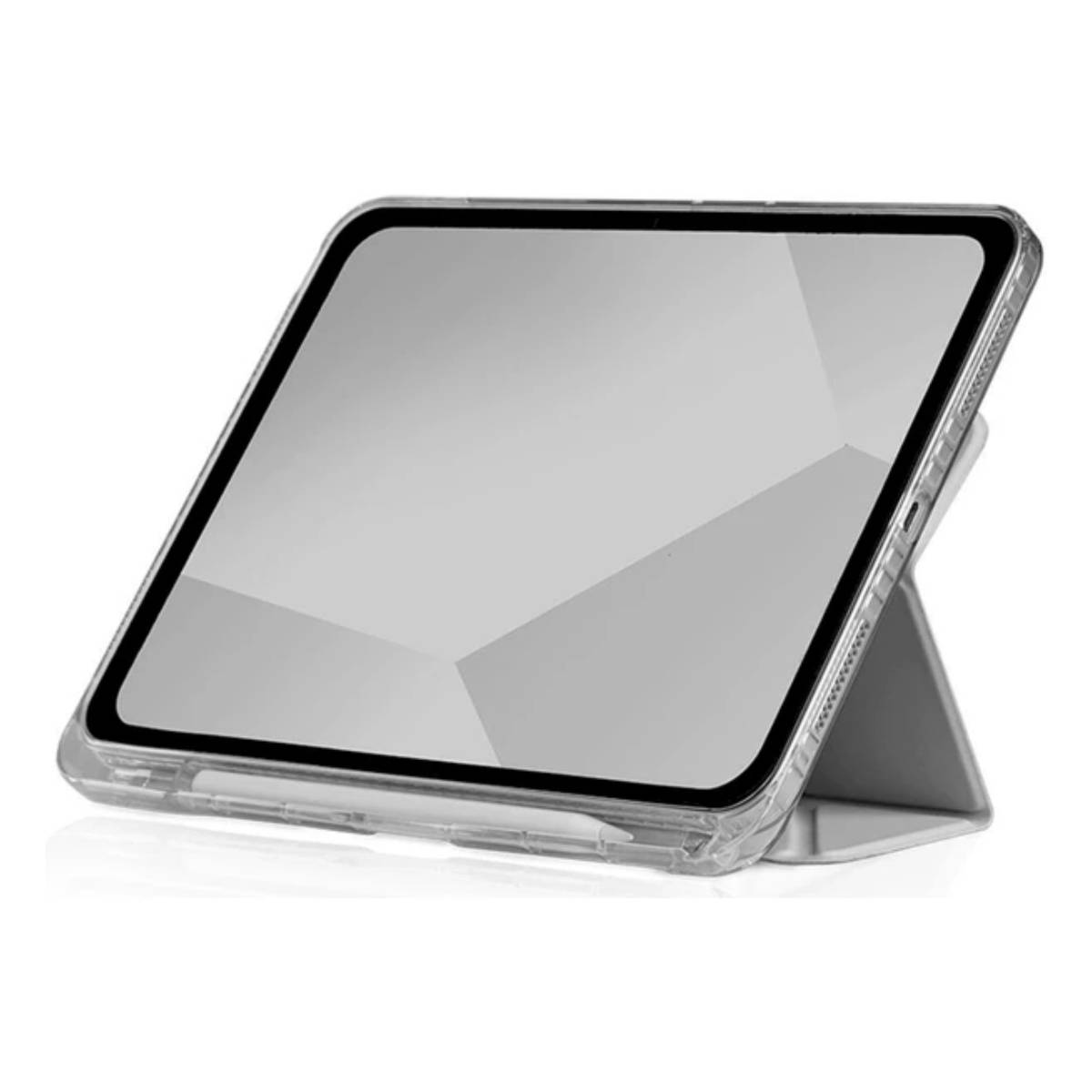 Tablet in una custodia trasparente, angolato. Sfondo bianco. Penna stilo visibile.