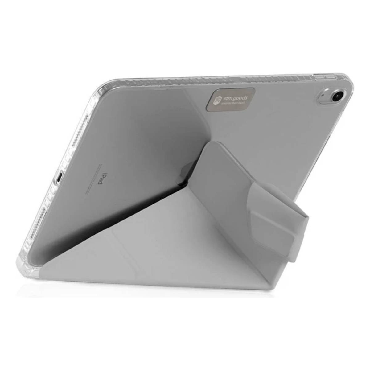 Tablet con custodia grigia, puntellato. Il tablet è grigio e ha un supporto.