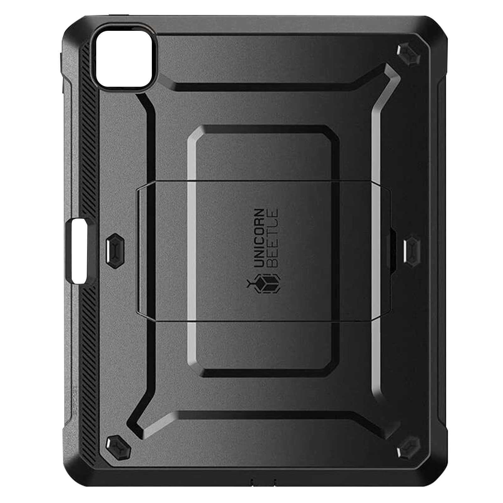 Custodia per tablet nera con logo. Design robusto. Colori grigio e nero.
