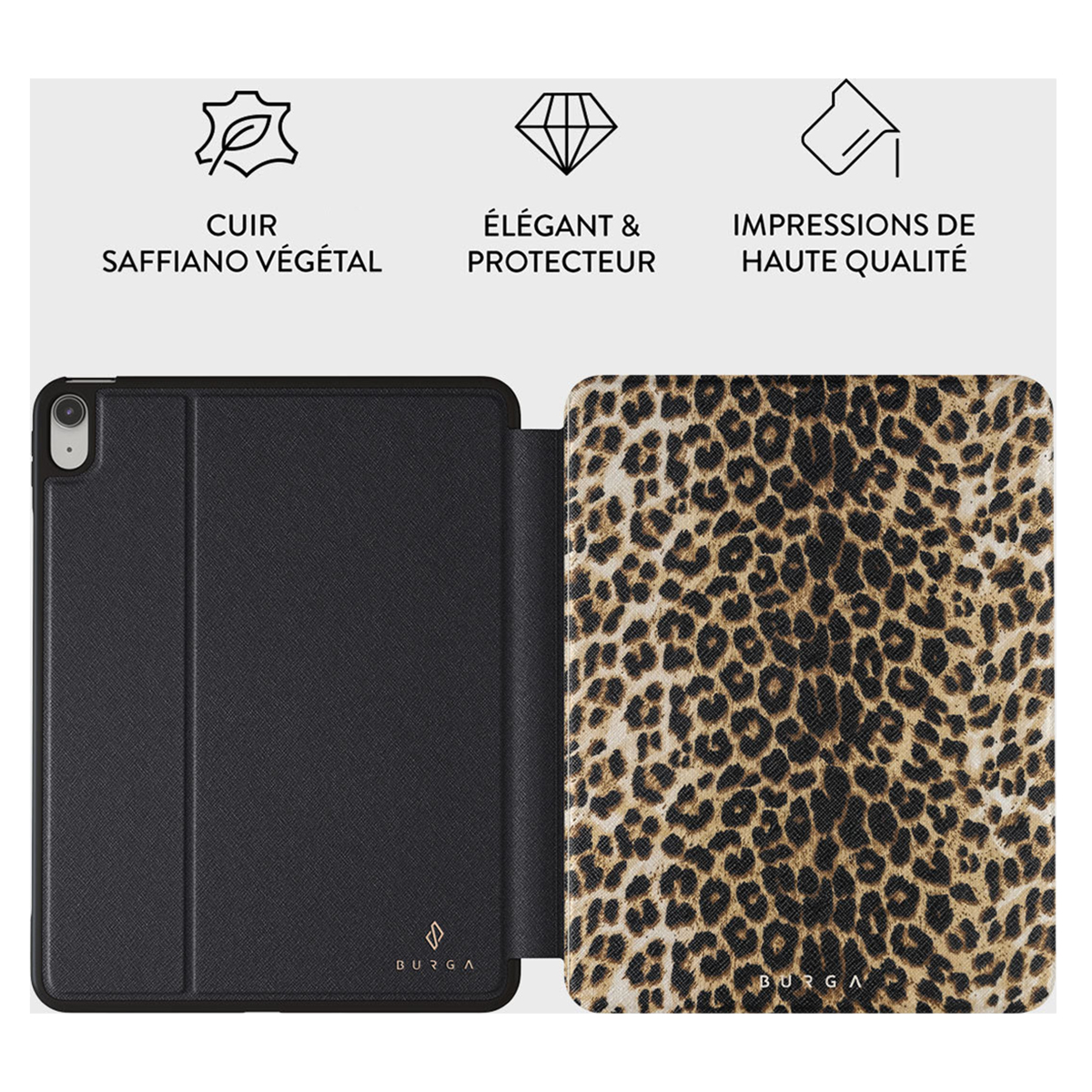 An iPad case with a black leather exterior and leopard print interior.