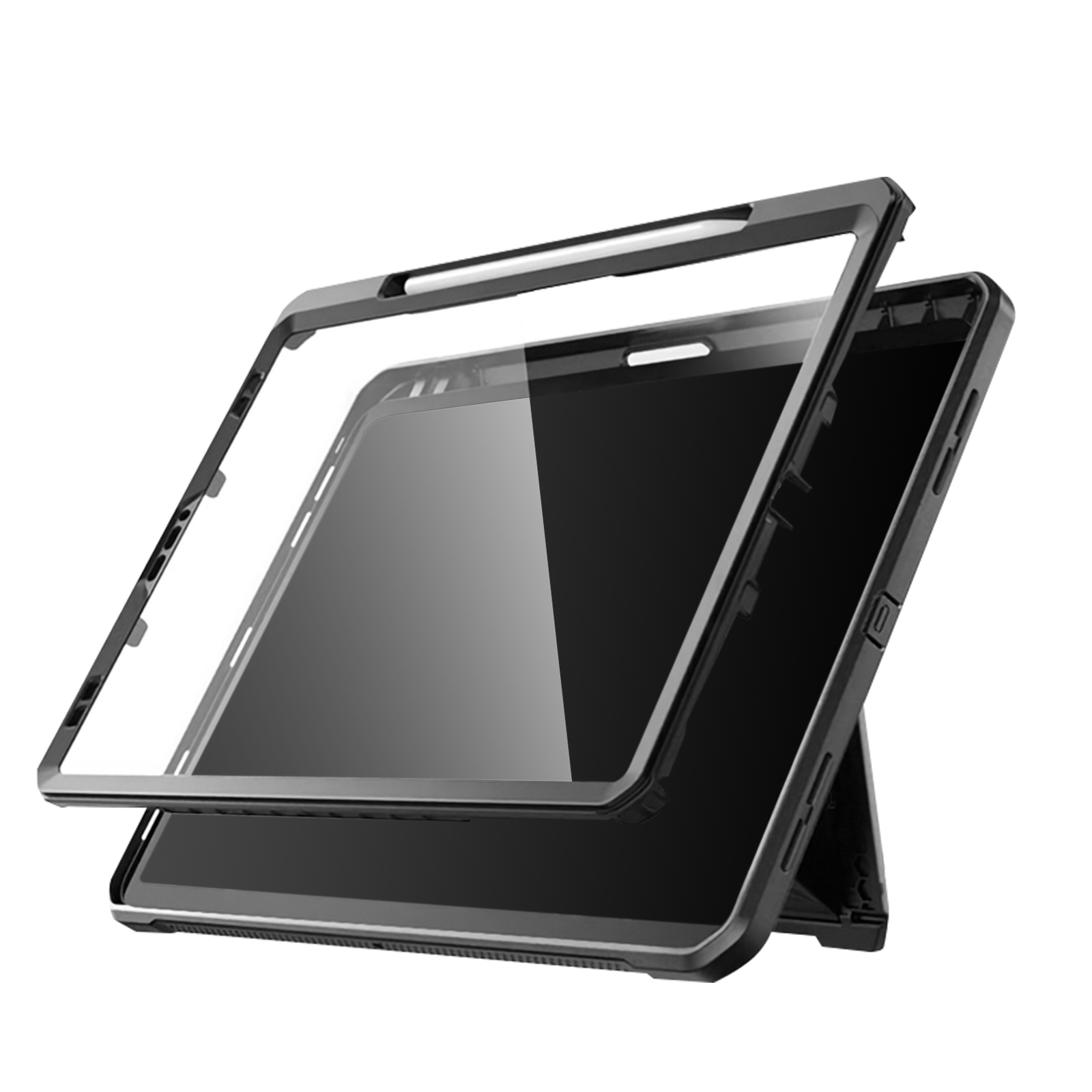 Tablet nero in una custodia, coperchio trasparente aperto, su un supporto.