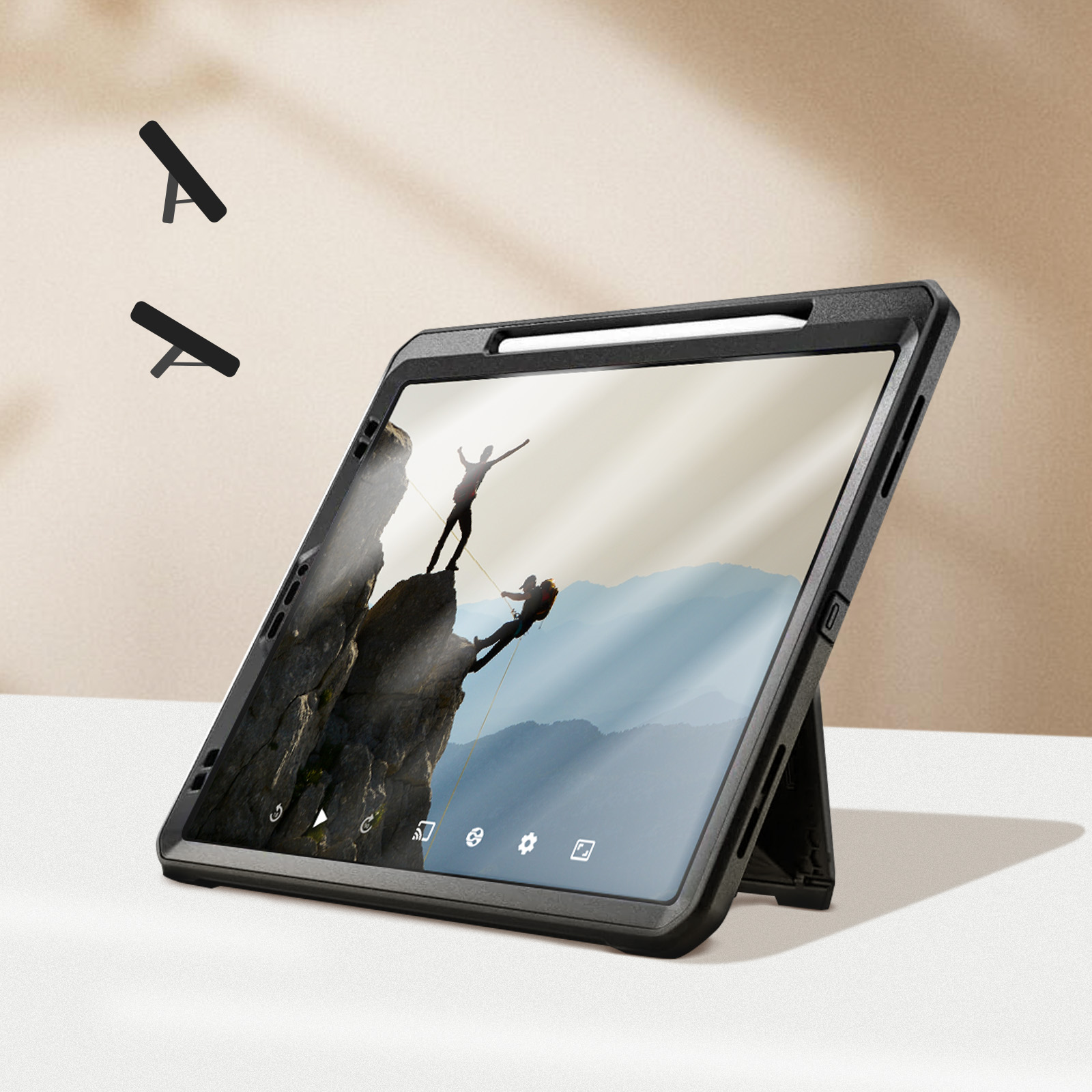 iPad con custodia su supporto, mostra una scena di alpinismo.