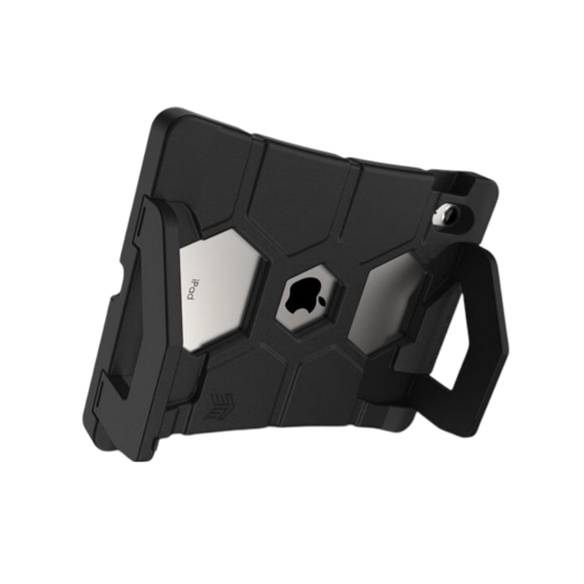 Una custodia nera per iPad con cavalletto. Ha un ritaglio del logo Apple e un design robusto.
