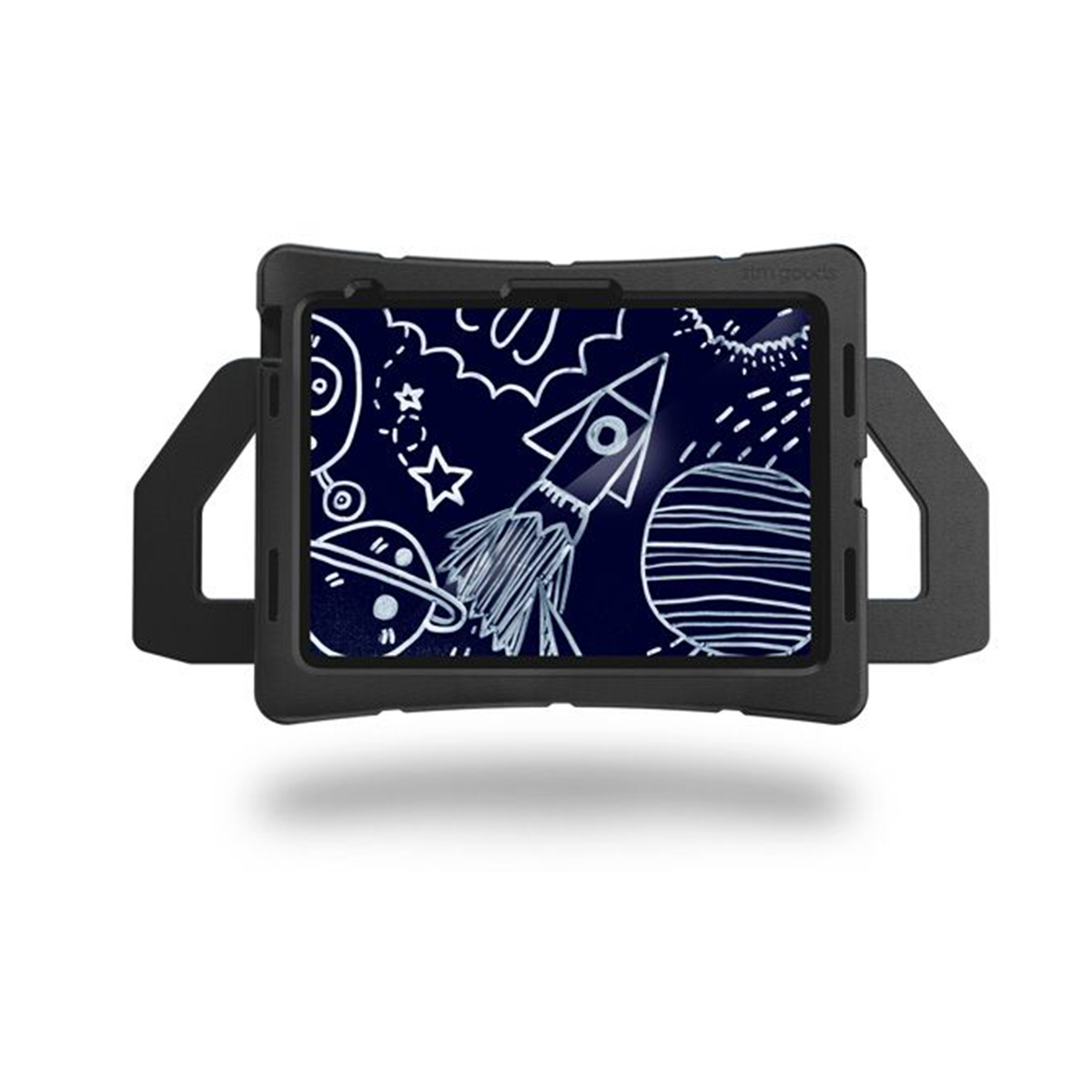Custodia per tablet nera con maniglia e tema spaziale. Mostra razzi, pianeti e stelle.