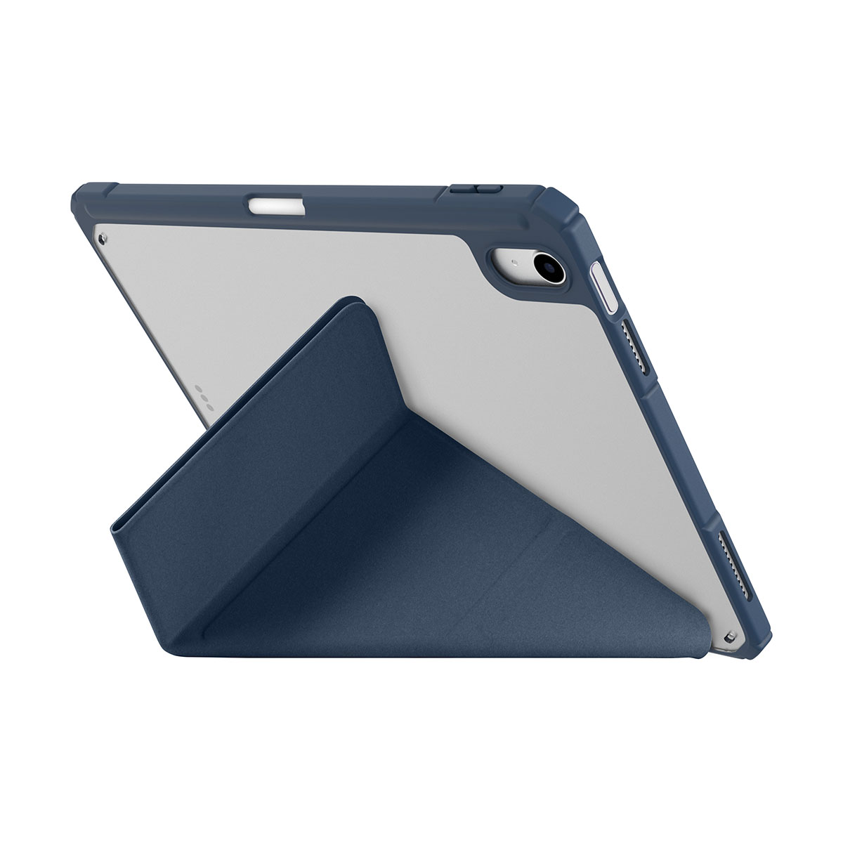 Tablet in custodia blu, supporto aperto. Sfondo bianco. Vista laterale.