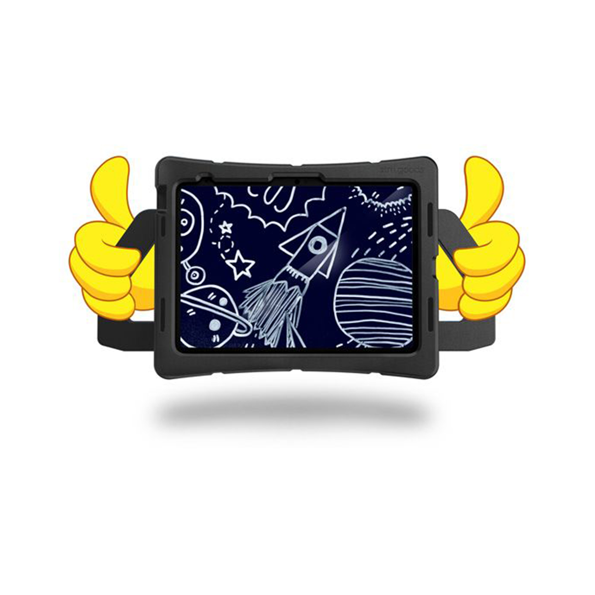 iPad con disegno di razzo e pianeti, tenuto da pollici gialli in su.