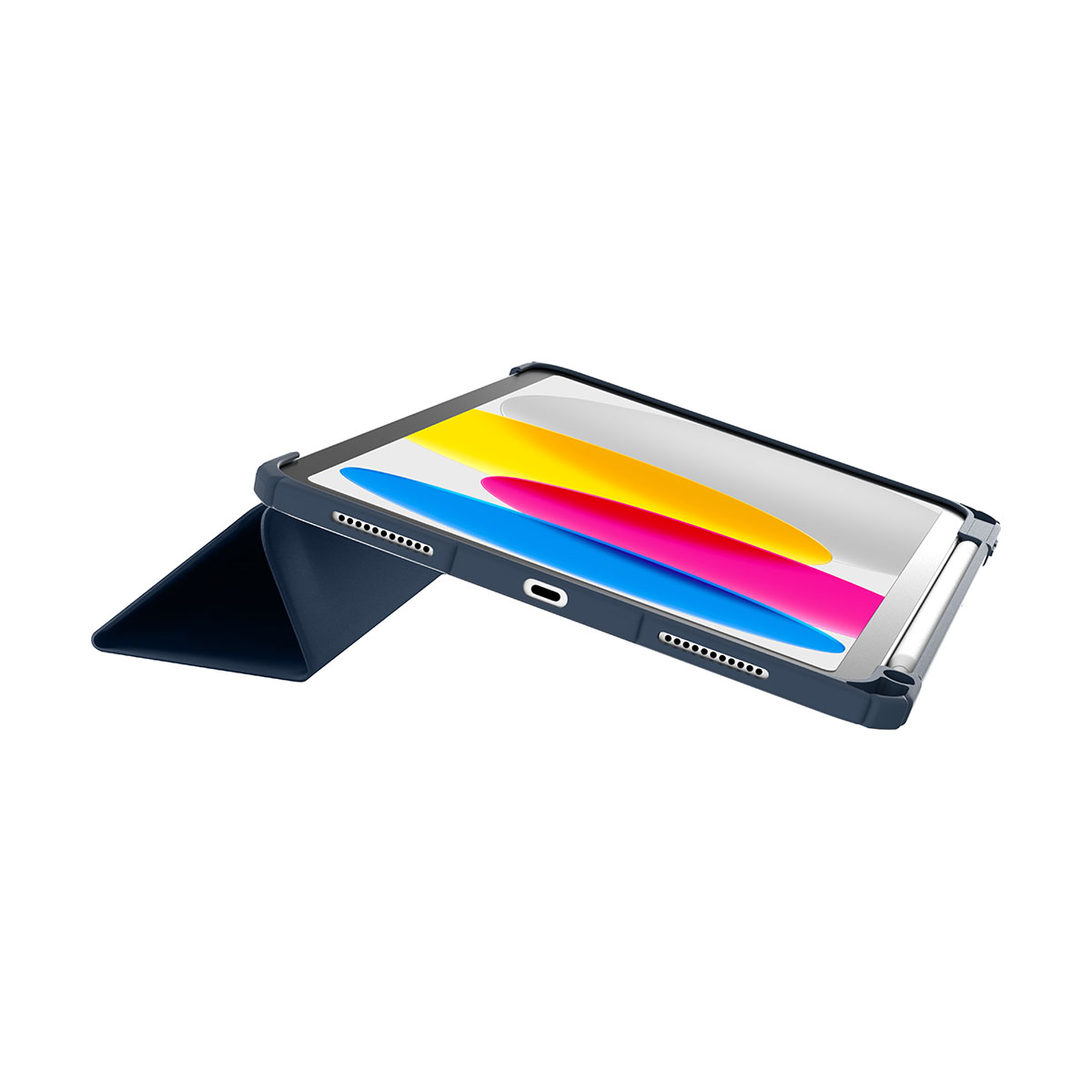 Un iPad in una custodia blu scuro, appoggiato su una superficie bianca.