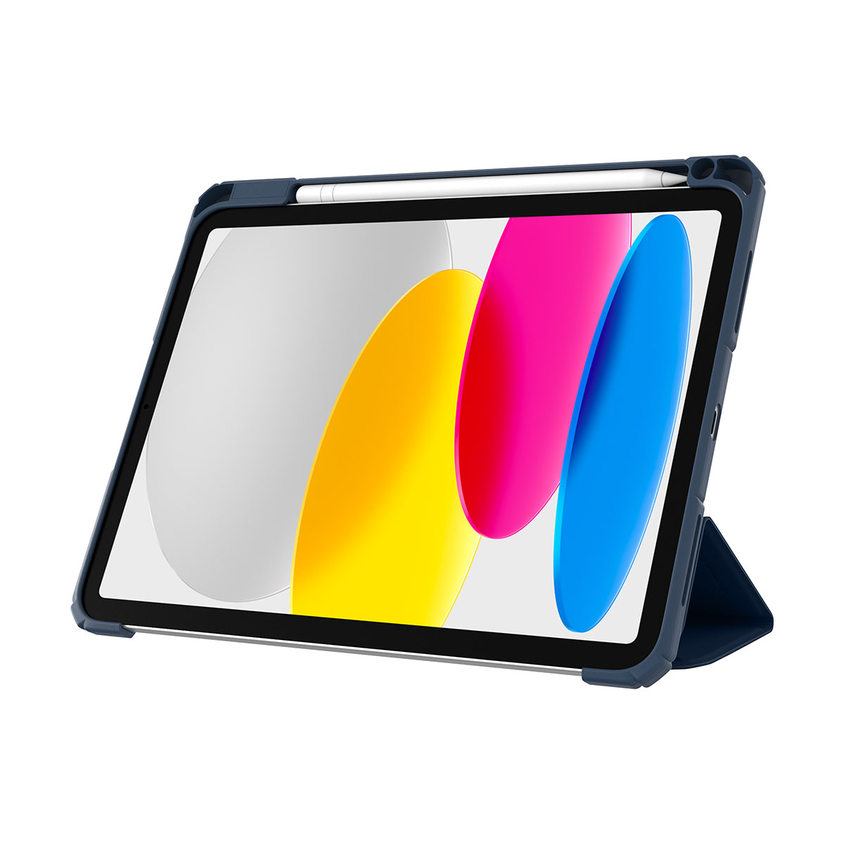 Tablet con una cover blu, con uno stilo. Lo schermo mostra un'immagine astratta colorata.
