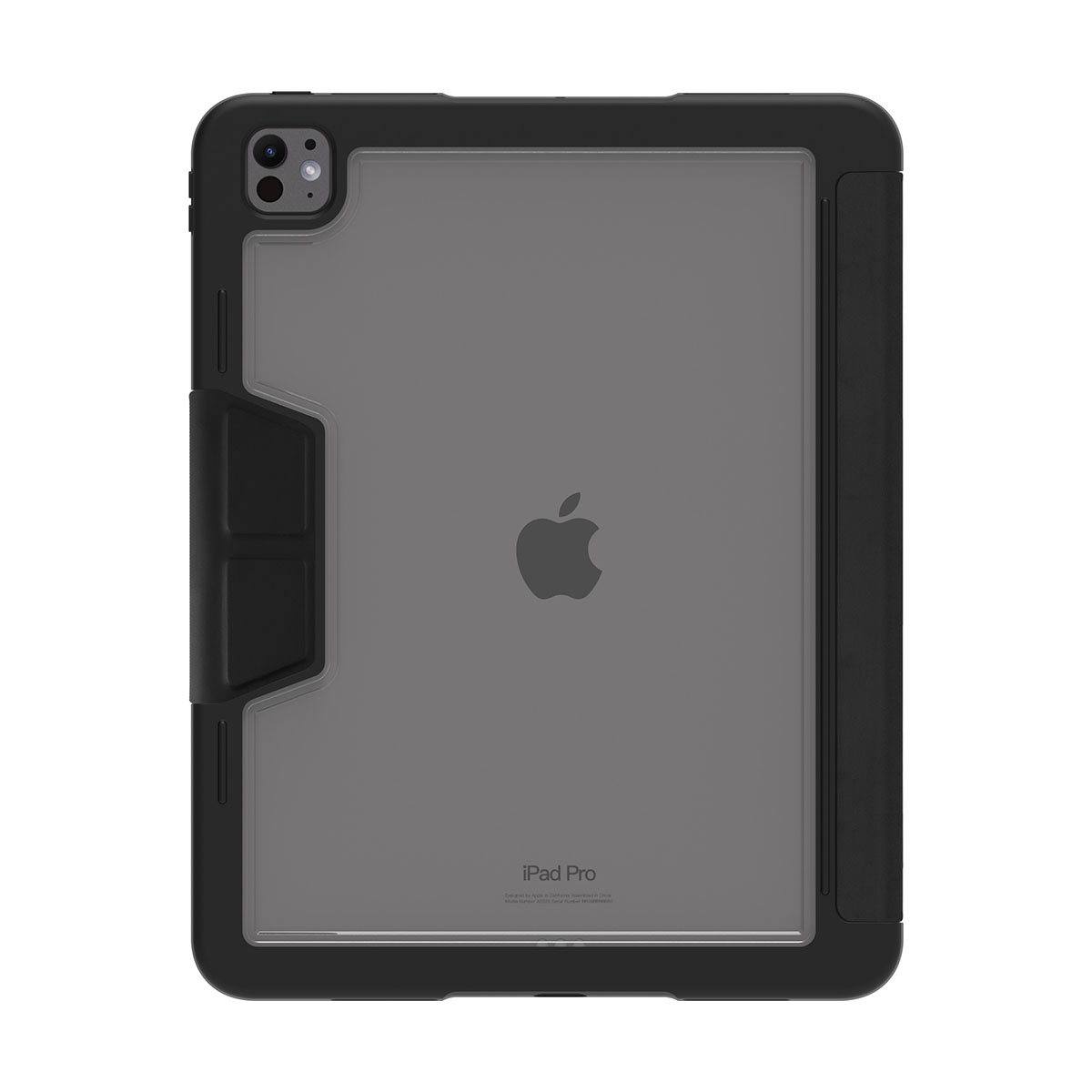 Custodia nera per iPad Pro che mostra il logo Apple. Ha un retro trasparente e una cornice nera.