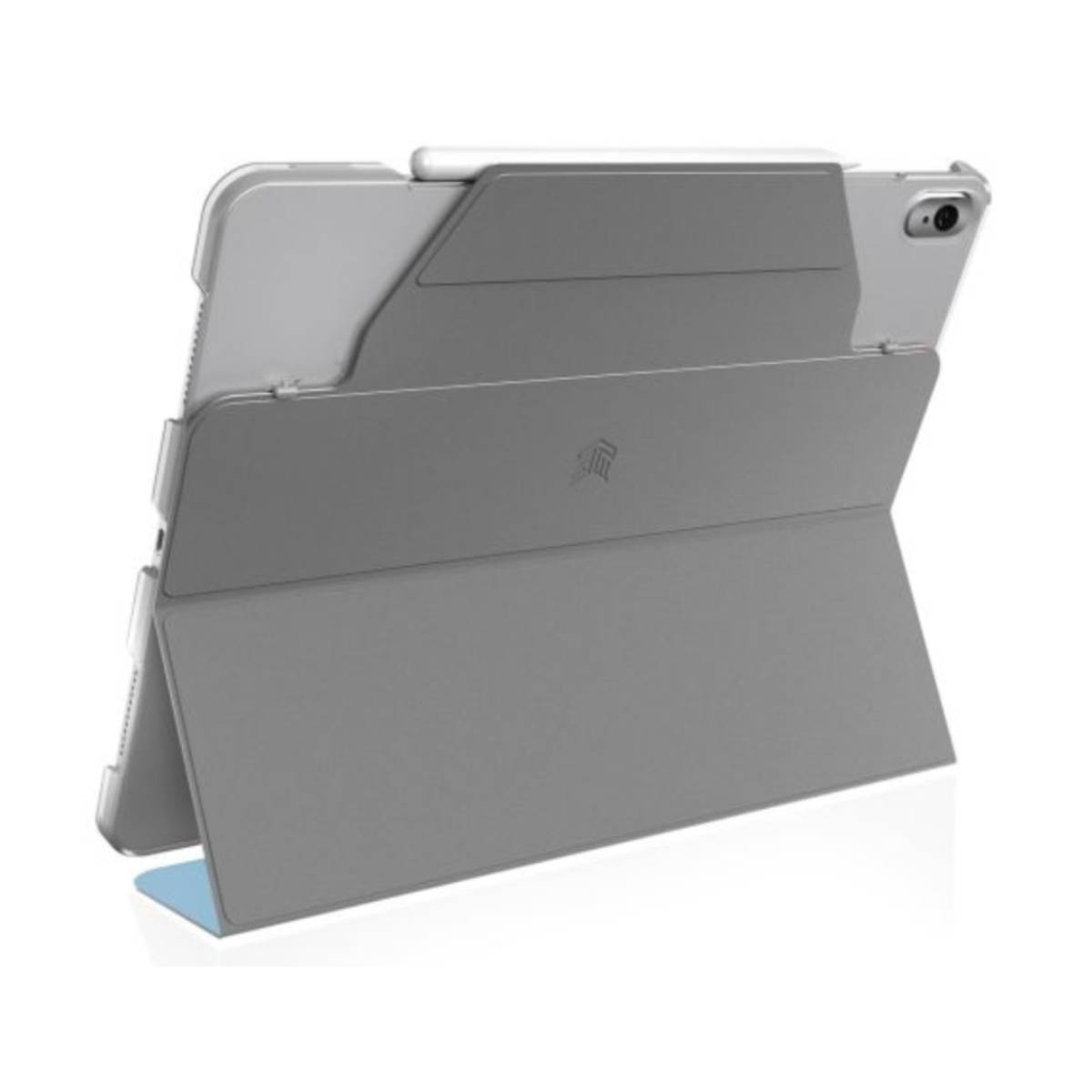 iPad in custodia grigia, puntellato. La cover è ripiegata.