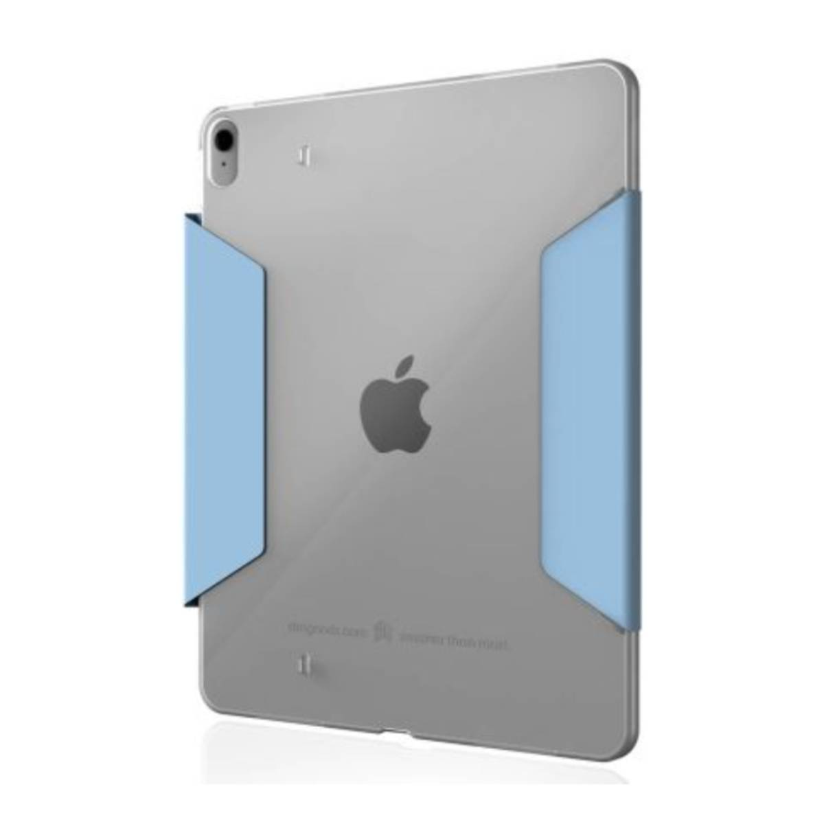 Retro del tablet argentato, con supporti blu.