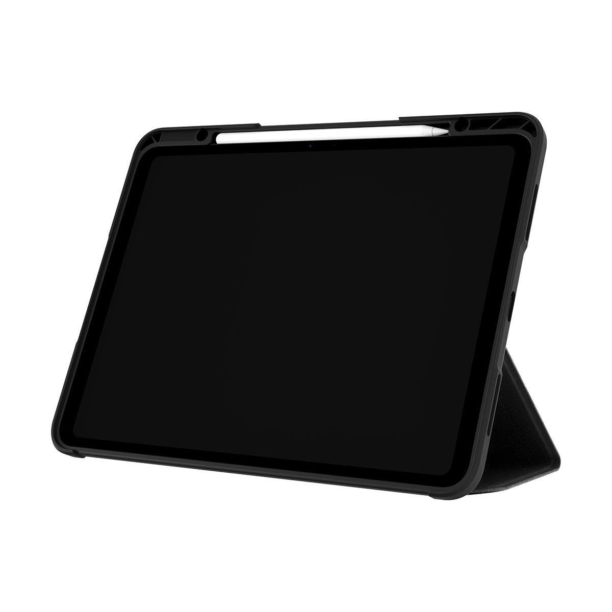 Tablet nero in custodia nera, appoggiato. Matita bianca in alto.
