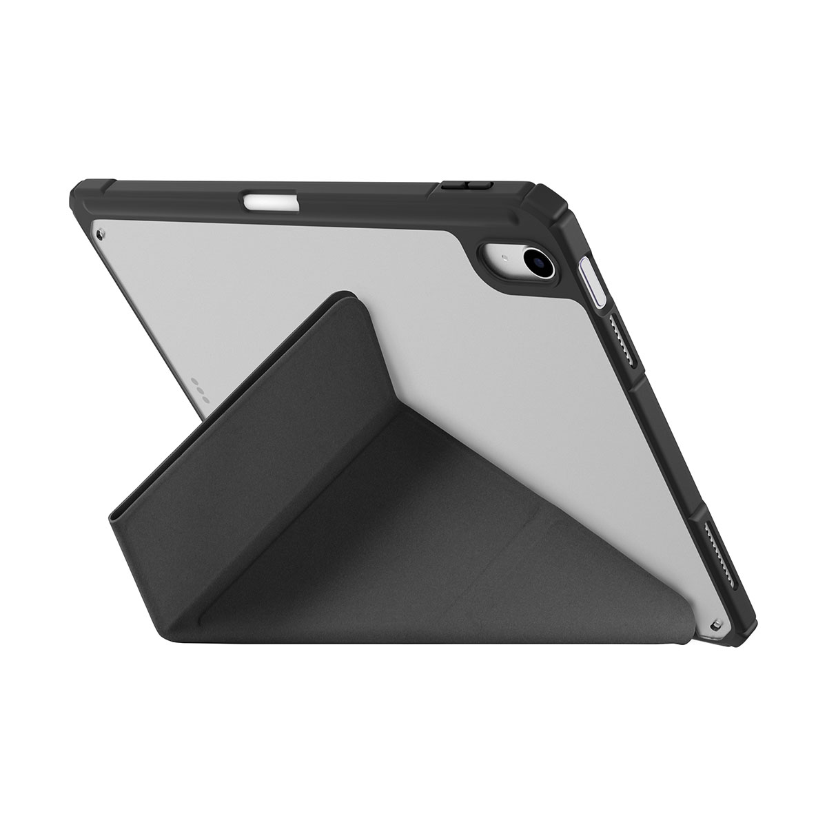 Custodia nera per tablet con supporto, contro un tablet di colore chiaro. La custodia è piegata.