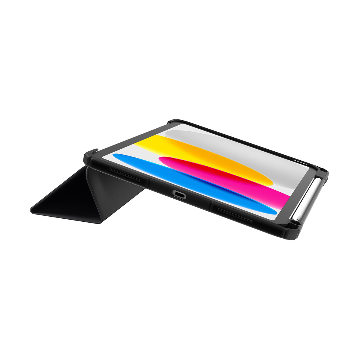 Tablet in custodia, su un supporto. Custodia nera. Sfondo bianco.
