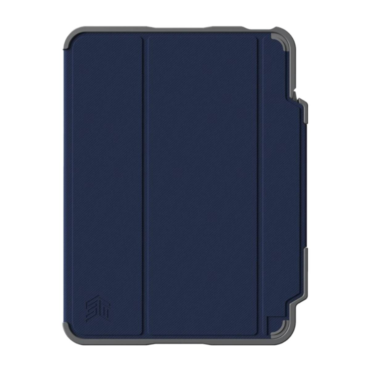 Custodia per tablet blu navy con superficie strutturata. Forma rettangolare, con bordo grigio.