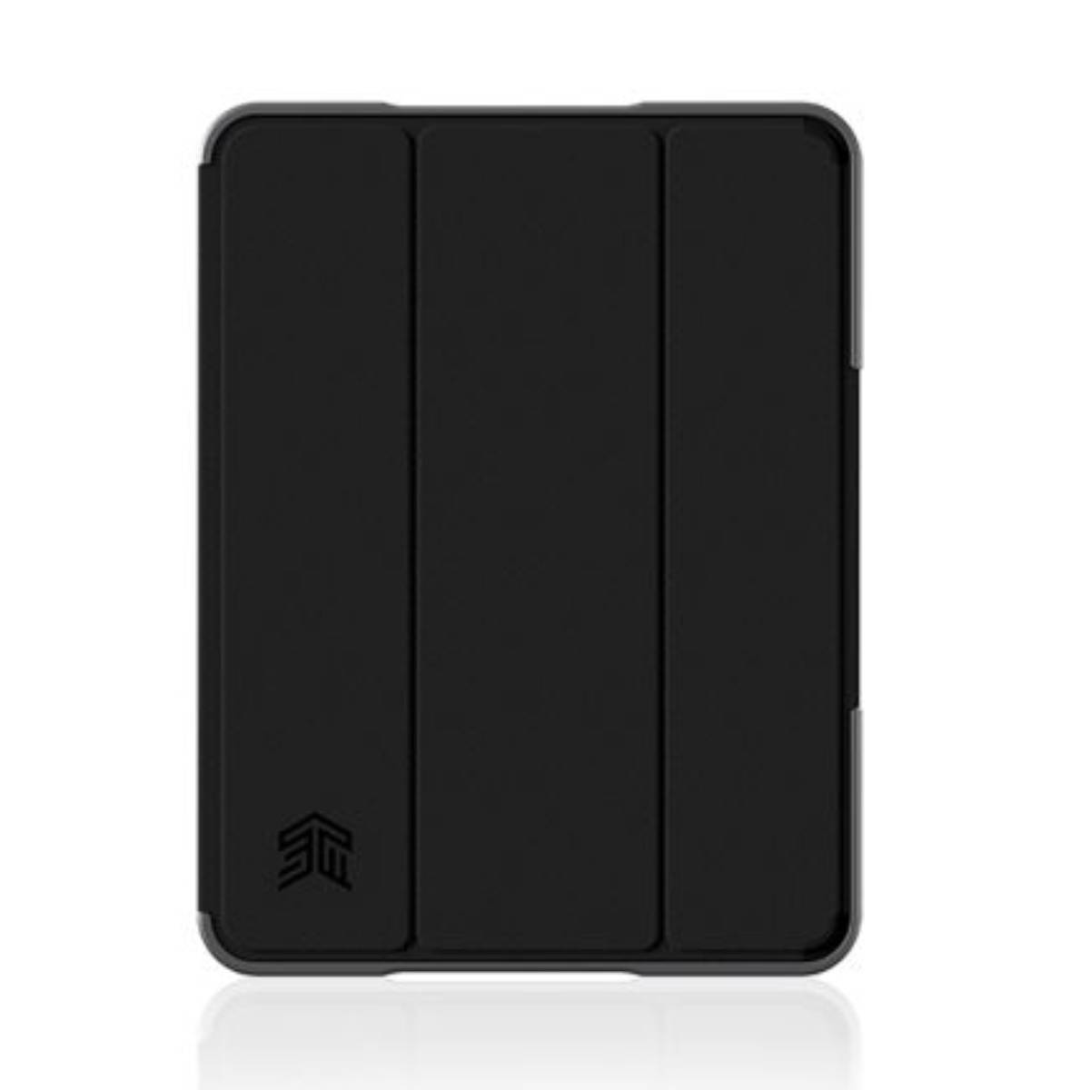 Custodia per tablet nera, chiusa. Colore nero, logo del marchio in basso a sinistra, sfondo bianco.
