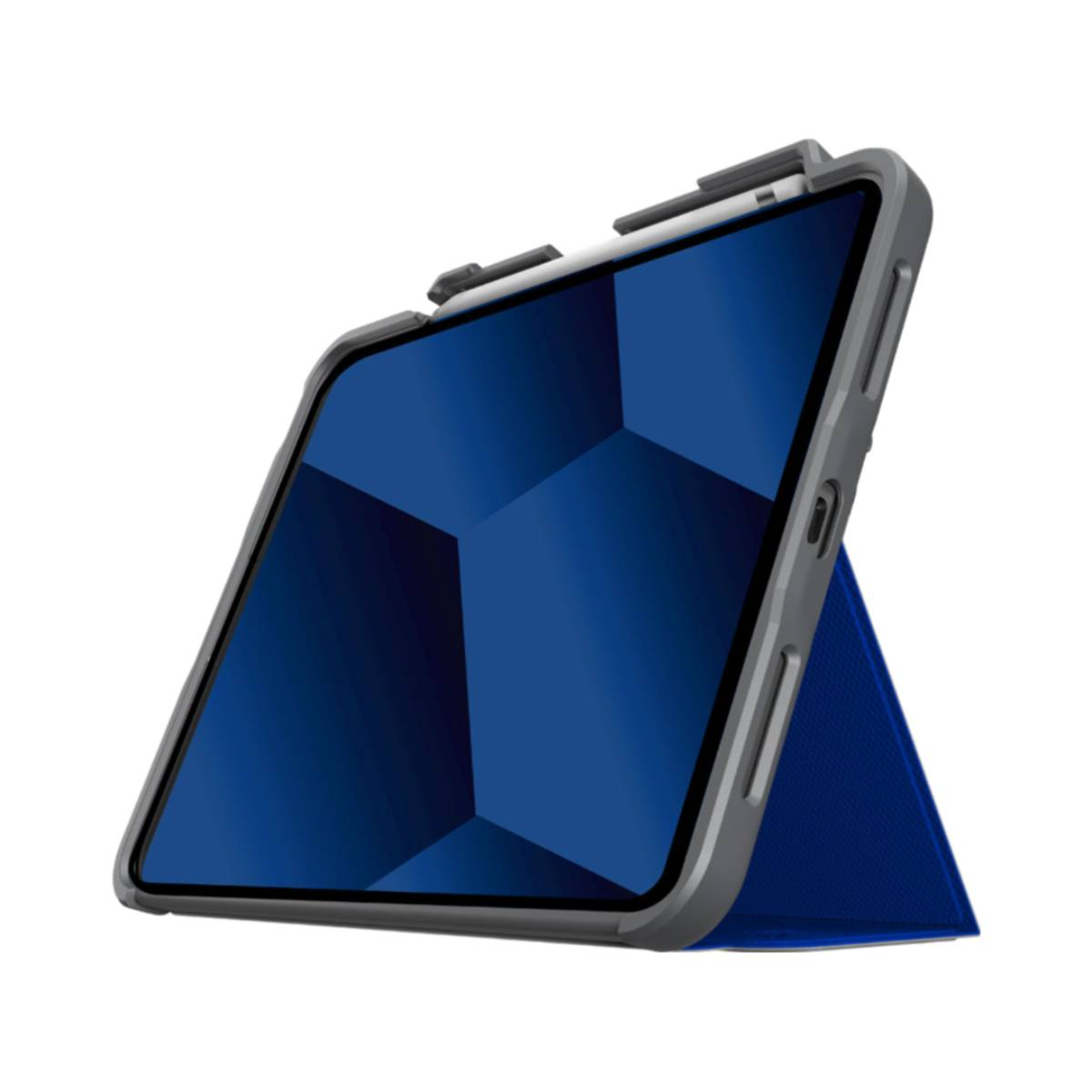 Tablet in una custodia grigia e blu. La custodia ha un supporto. Schermo blu.