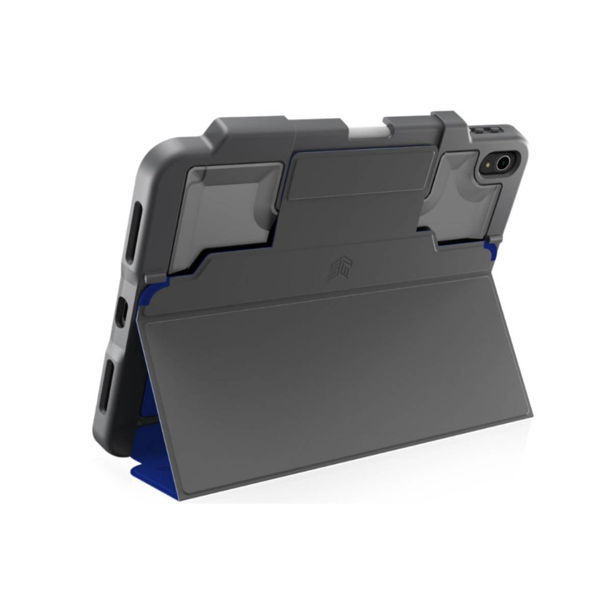 Custodia iPad grigia e blu con supporto. Sfondo bianco.