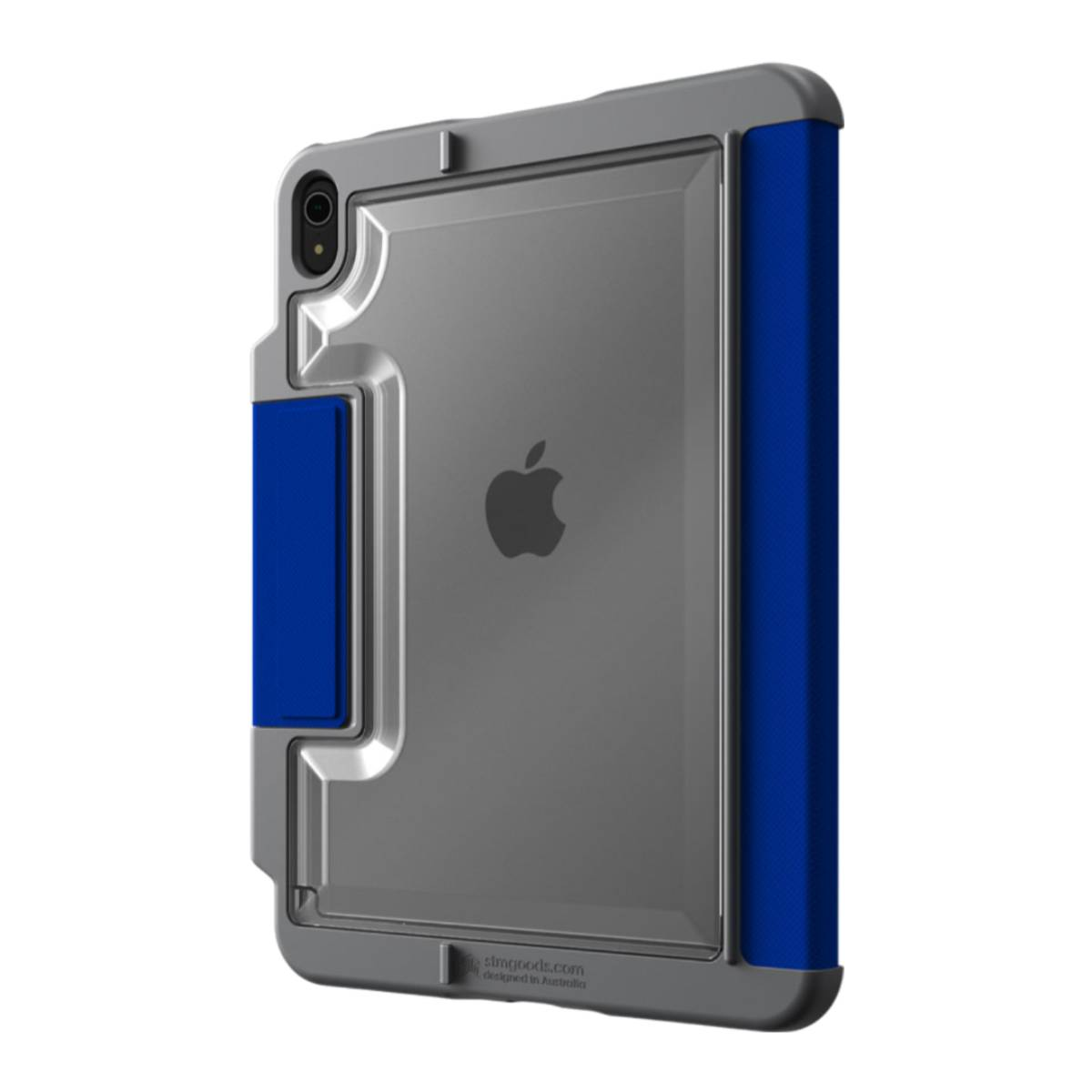 Un iPad in una custodia grigia con dettagli blu, angolato su sfondo bianco.