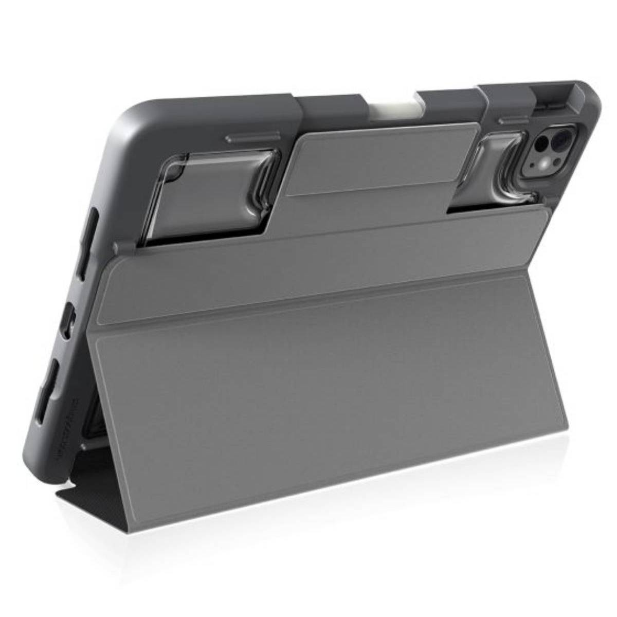 Tablet grigio con supporto. Custodia grigia con aperture. Sfondo bianco.