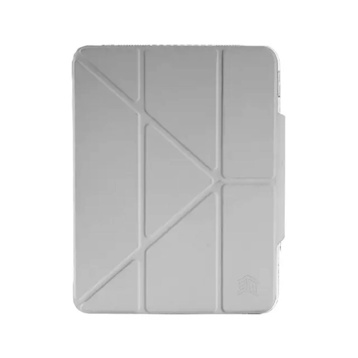 Custodia grigia per tablet con design geometrico. La custodia è chiusa e ha un design semplice.