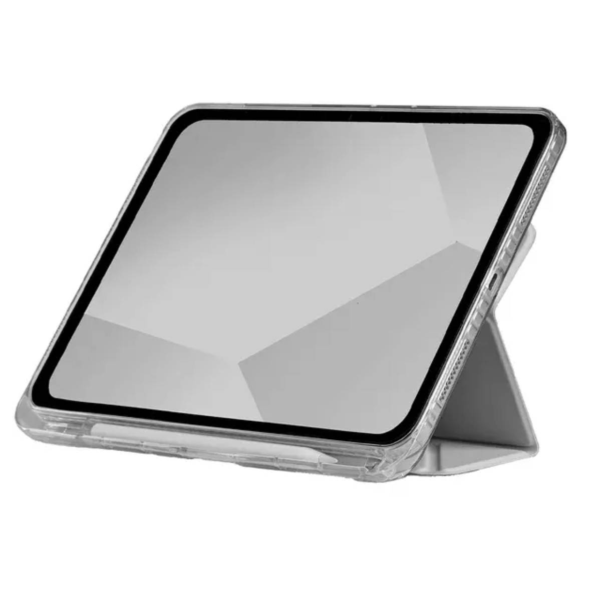 Tablet in una custodia trasparente, appoggiato. Sfondo bianco.