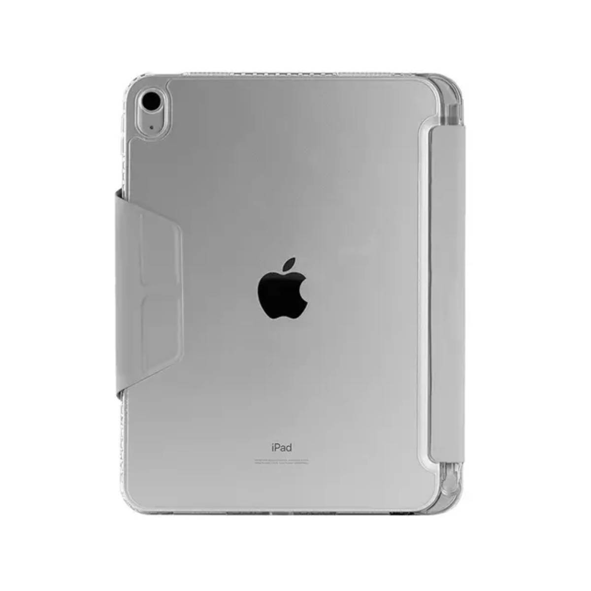 Tablet argento in una custodia trasparente. Il logo Apple è visibile. La custodia protegge i bordi.