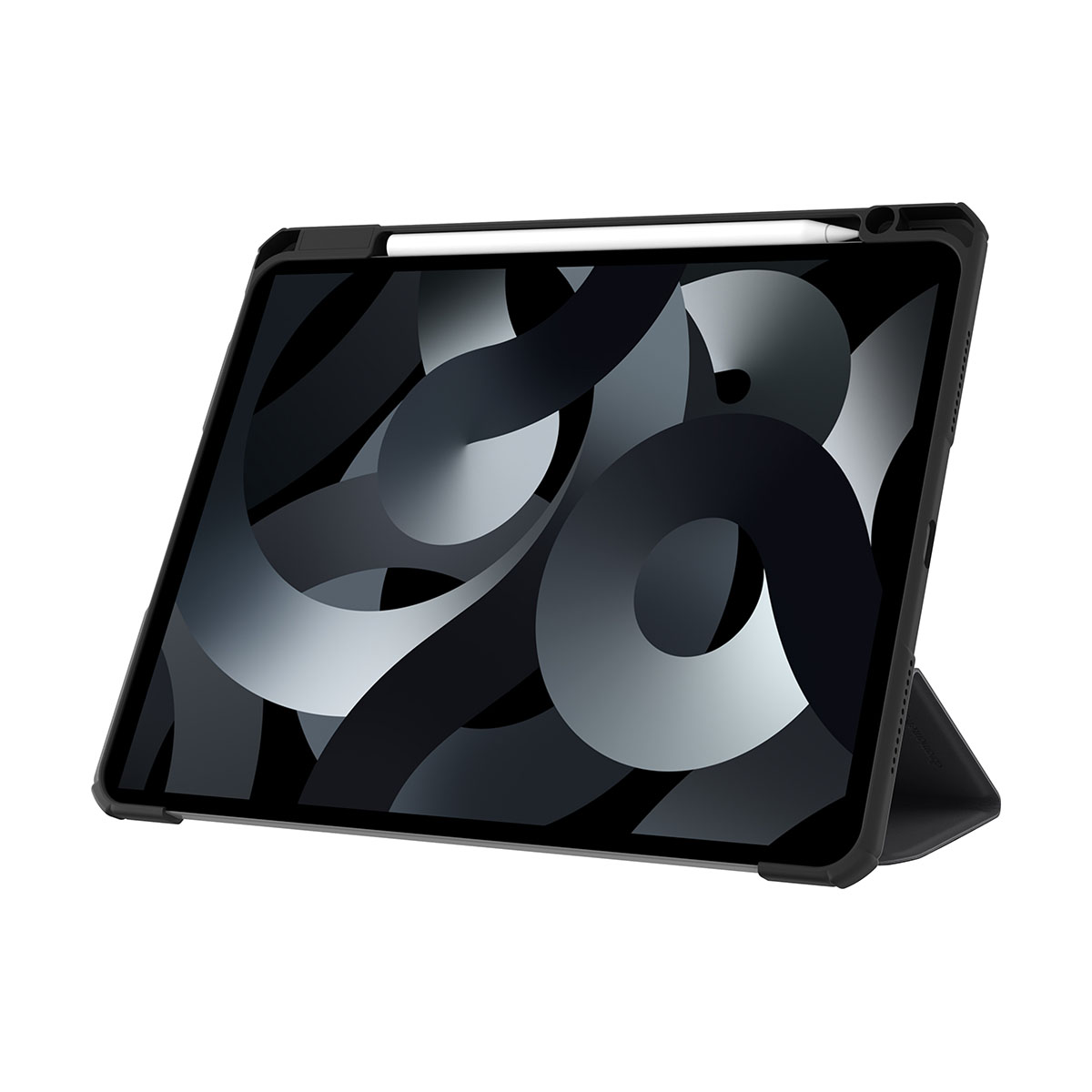 Tablet nero con pennino, schermo grafico in bianco e nero. Custodia nera, sfondo bianco.