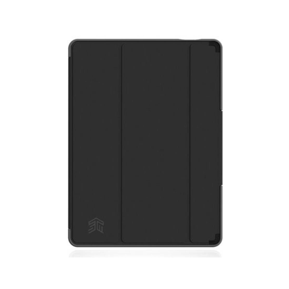 Custodia per tablet nera, chiusa, con logo. Mostra una forma semplice e rettangolare.