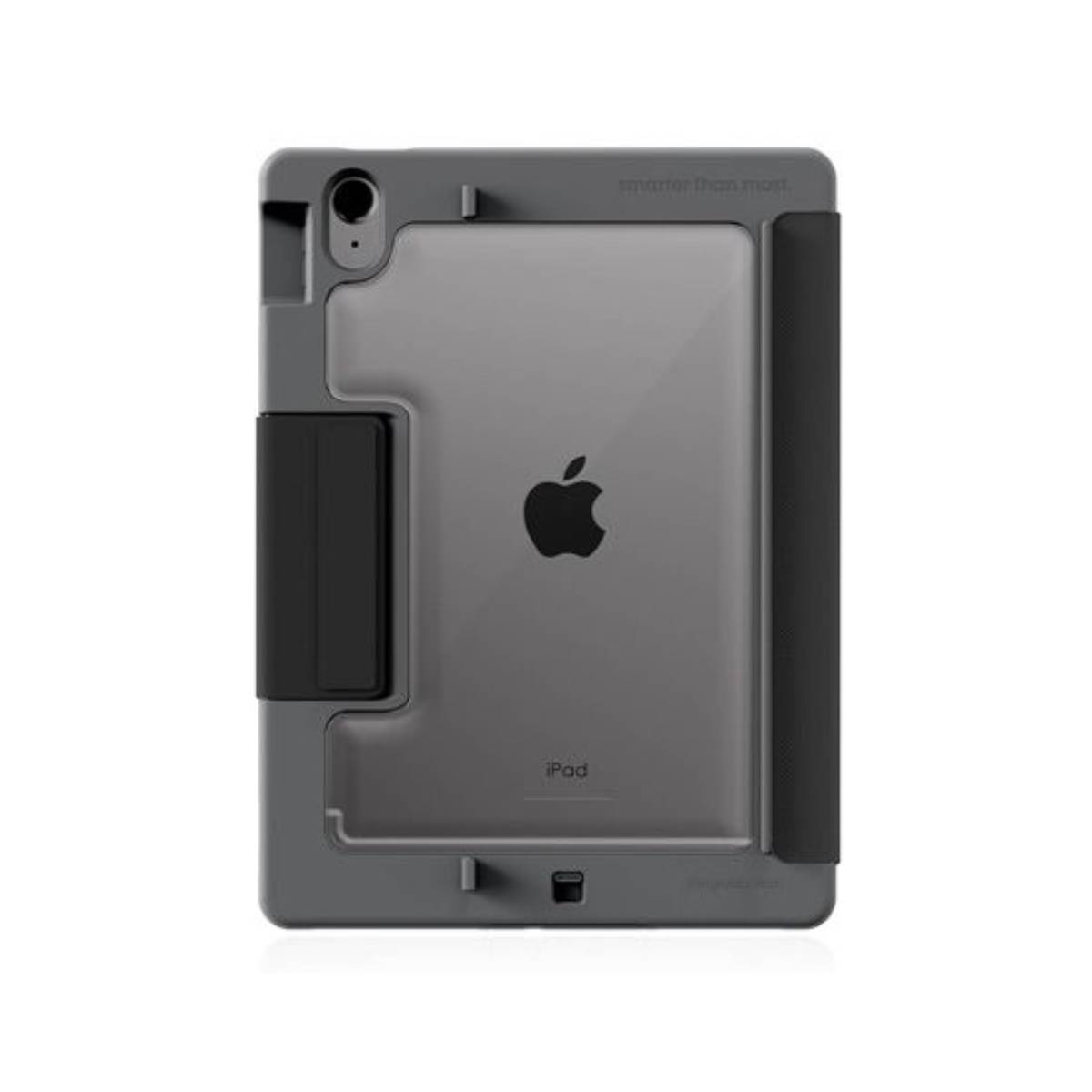 iPad, vista posteriore, custodia grigia. Logo Apple nero, sfondo bianco, testo in alto.