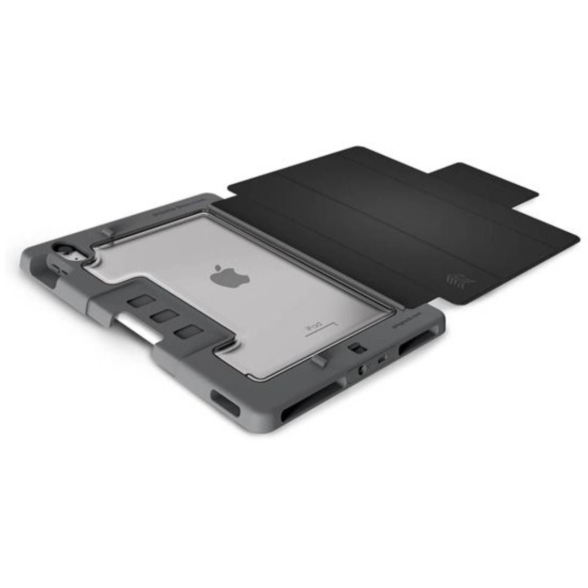 Tablet in una custodia, con la custodia aperta. Logo Apple visibile. Sfondo bianco.