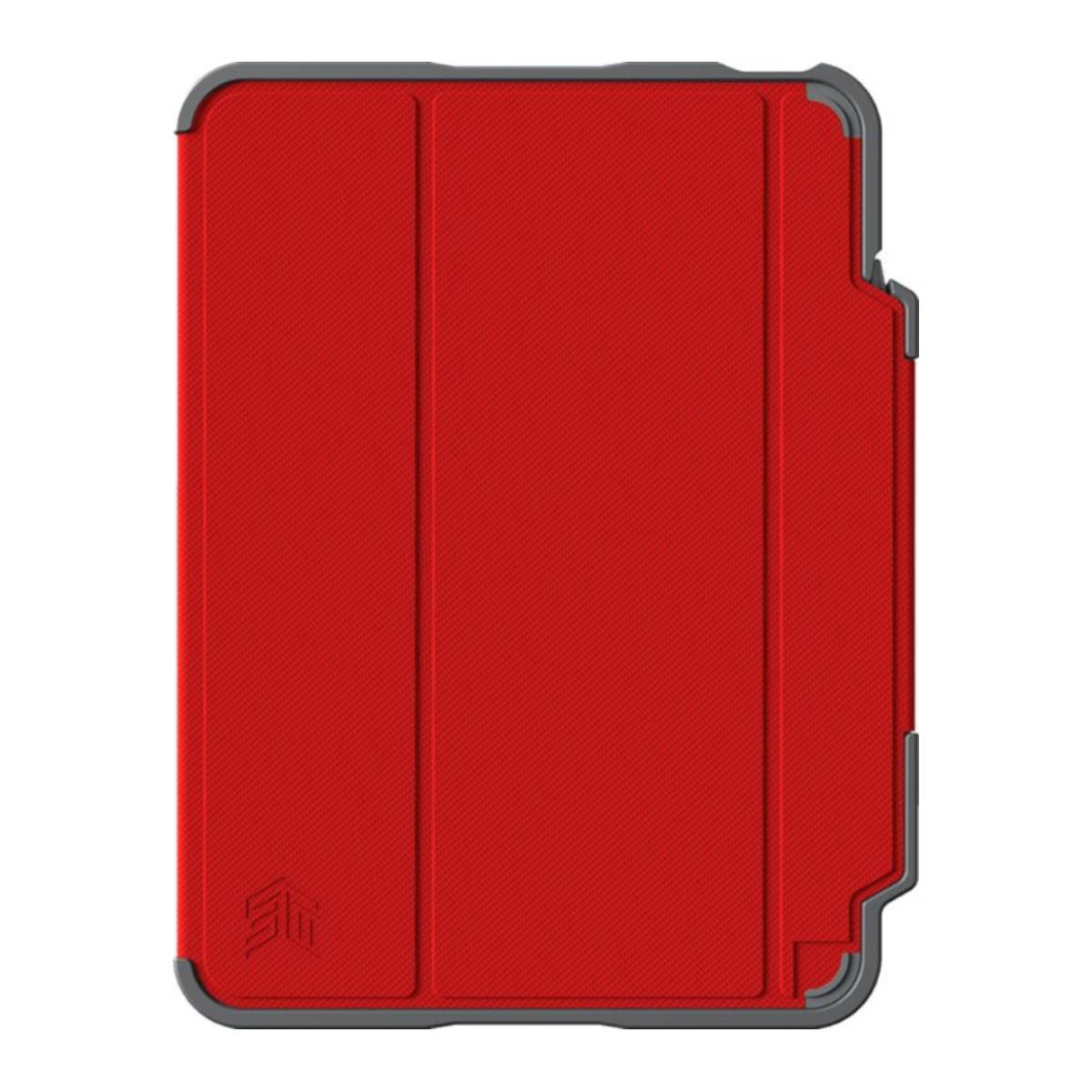 Una custodia rossa per iPad con superficie strutturata, chiusa.