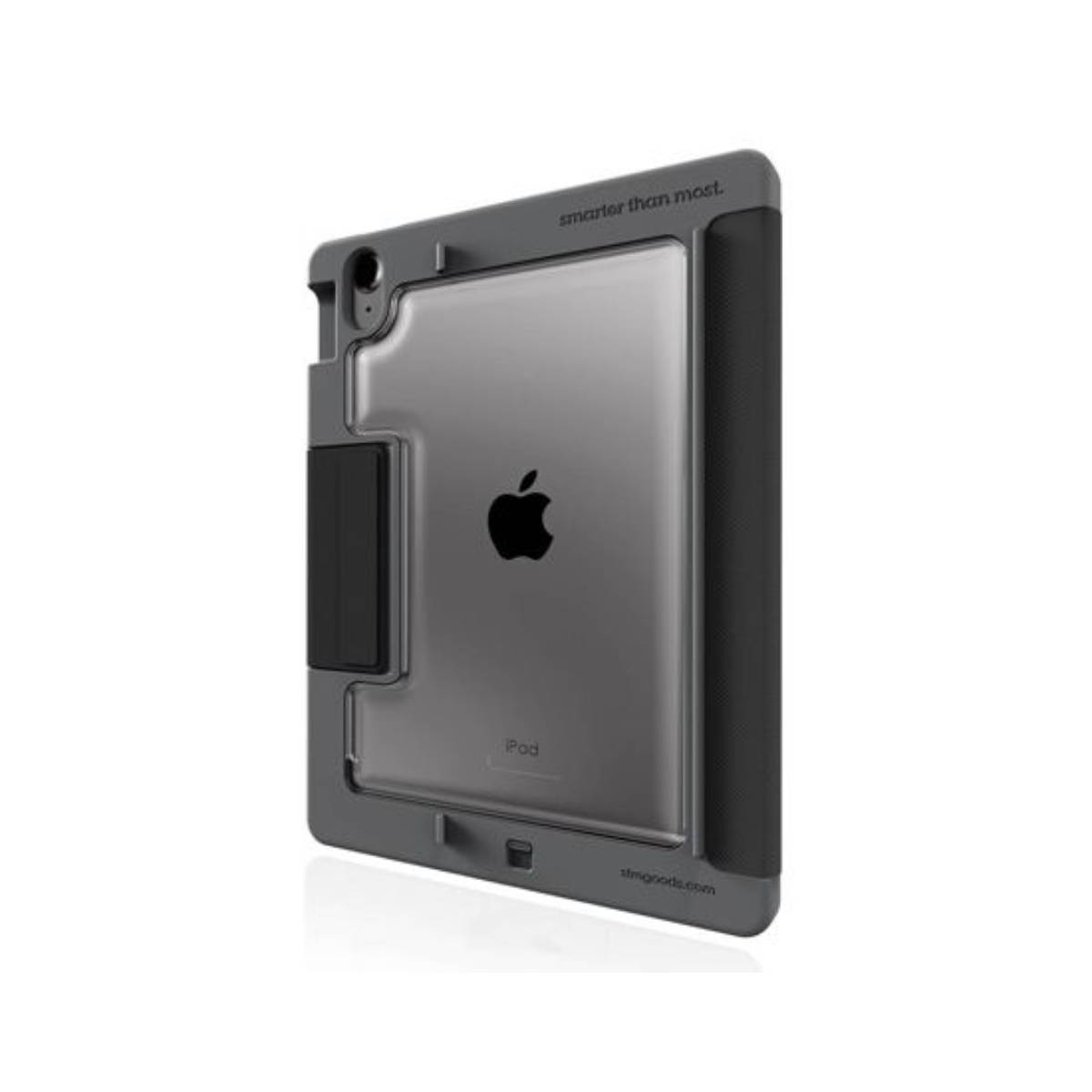 Custodia per tablet grigia con logo Apple. Maniglia nera. Custodia grigia.