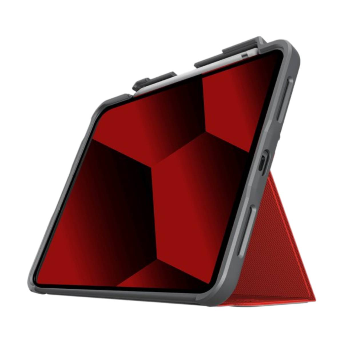Tablet in una custodia rossa e grigia, su un supporto.