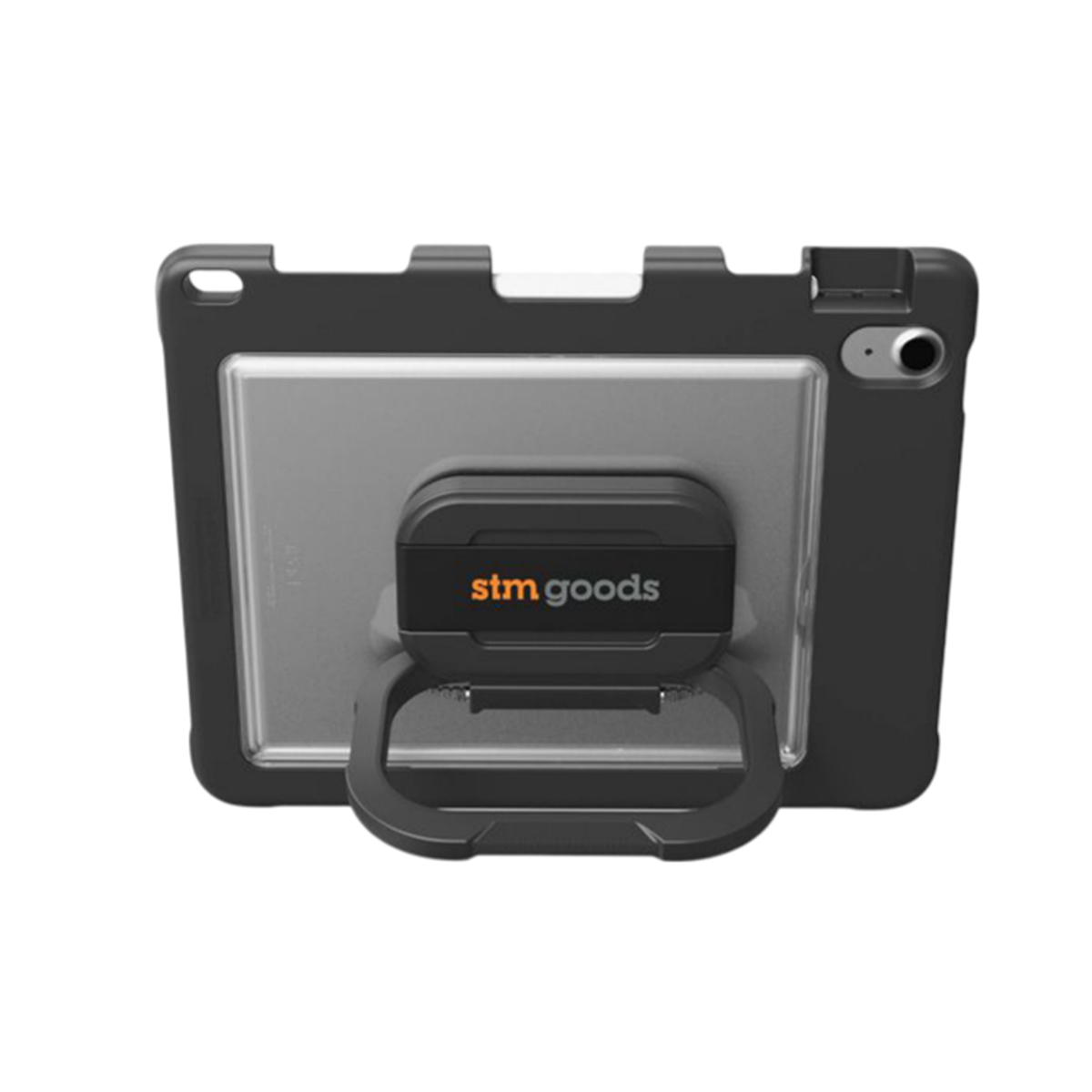 Custodia nera per tablet con maniglia e supporto, la parte posteriore è visibile.