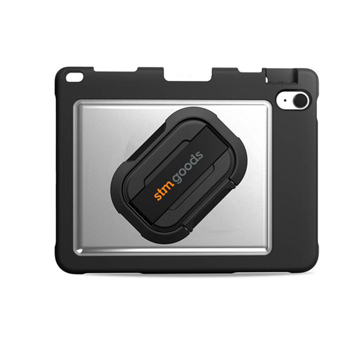 Custodia iPad nera con inserto argentato e logo stm.goods.