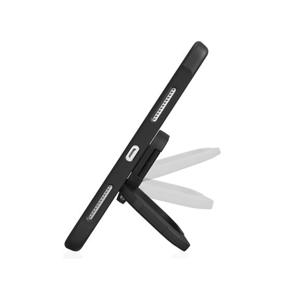 Tablet nero appoggiato su un supporto. Sfondo bianco.