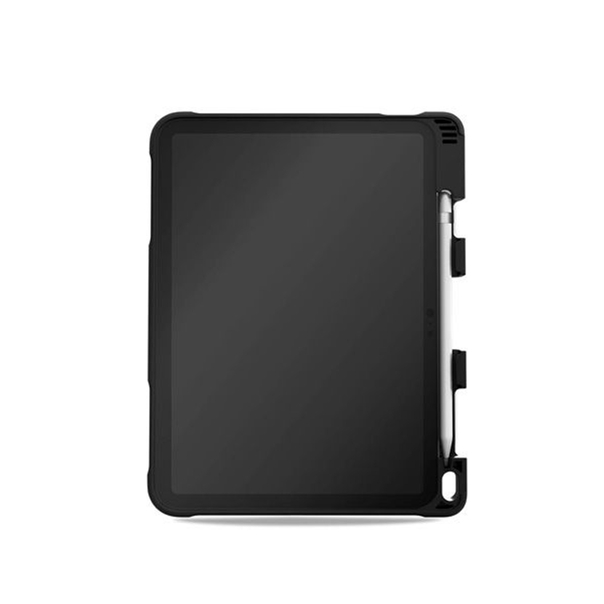 Custodia iPad nera. L'iPad è all'interno della custodia, mostrando lo schermo.