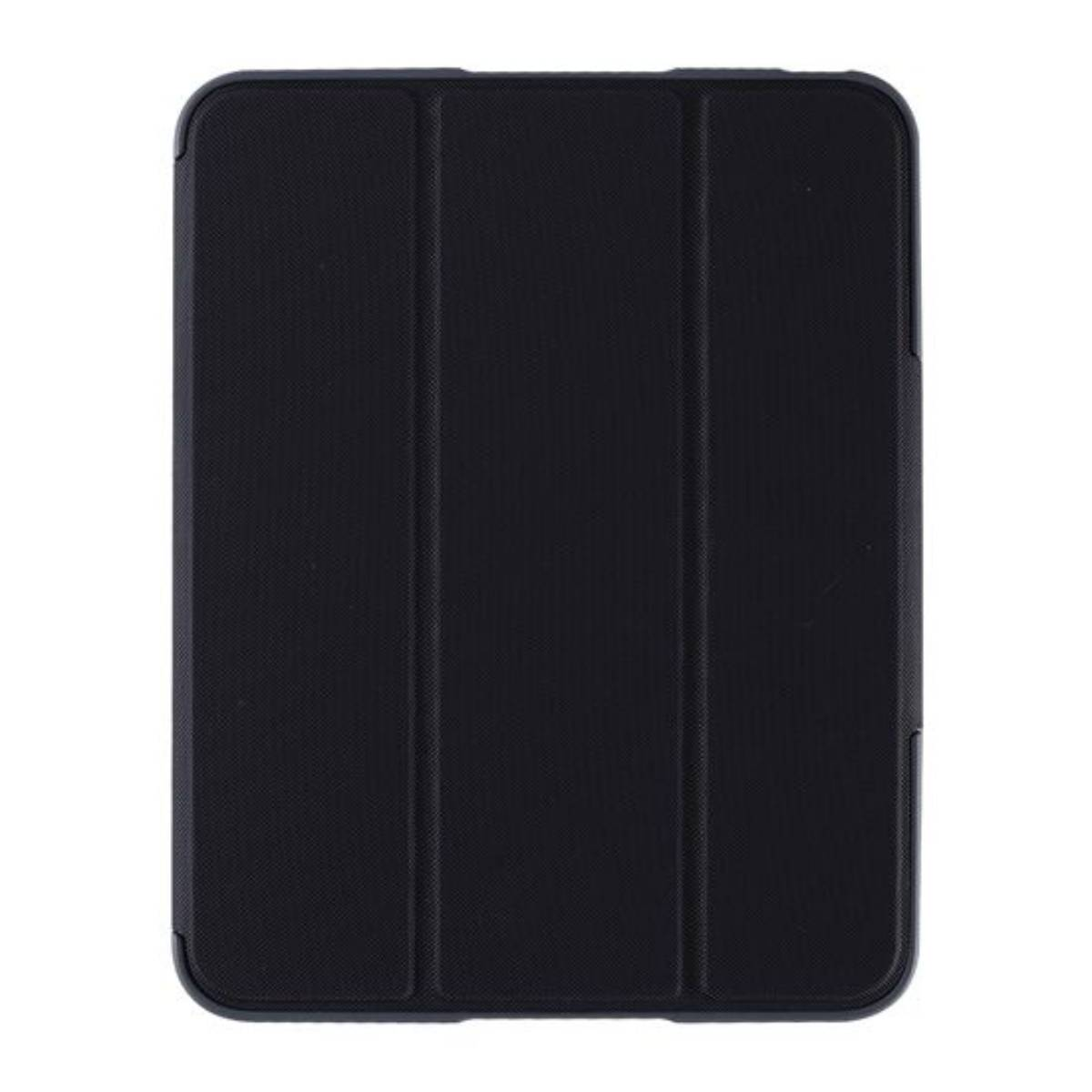 Custodia nera per tablet, chiusa. Sfondo bianco. Primo piano.