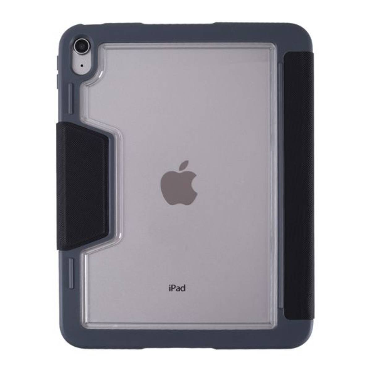iPad in custodia con cornice grigia e dettagli neri. Logo Apple visibile.